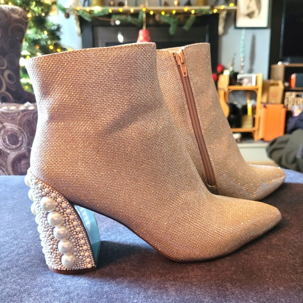 Betsy Johnson Kasey Glitzy Pearl Embellished Block Heel Booties